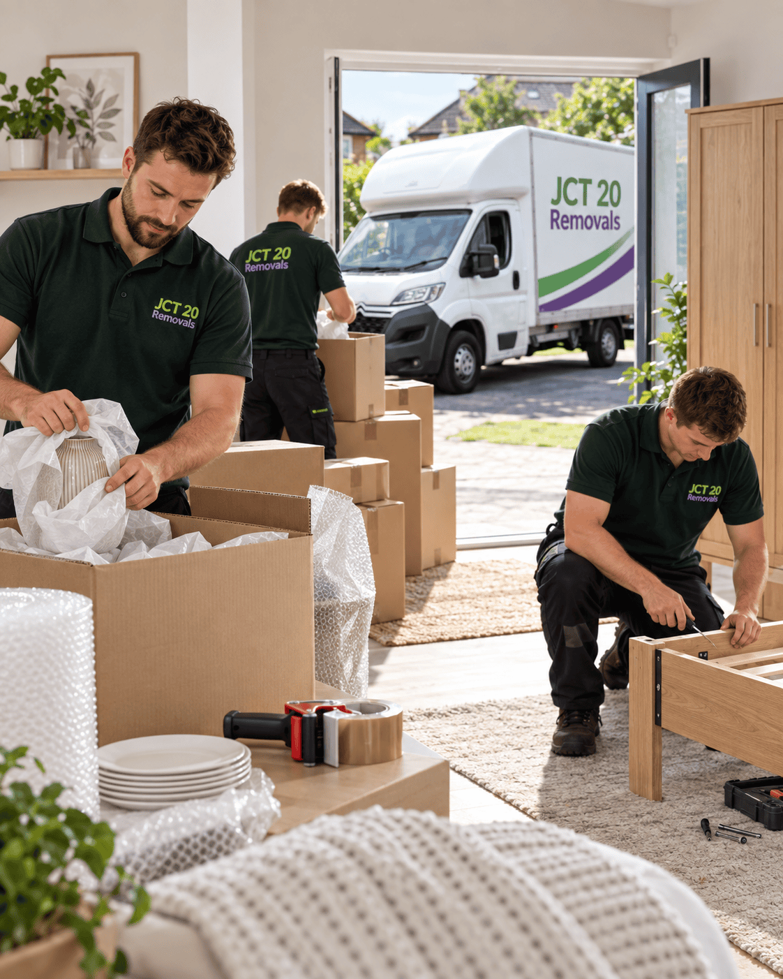 JCT 20 Removals team packing and dismantling furniture ready for a house move